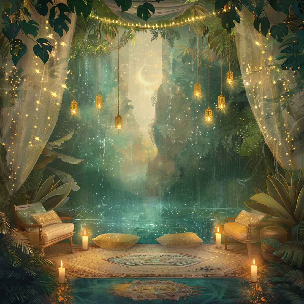 Serene meditation space with hanging lanterns, flowing curtains, and sacred seating creating an ethereal sanctuary atmosphere